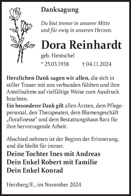 Traueranzeige von Dora Reinhardt von WochenKurier