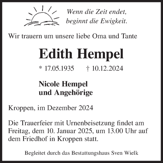 Traueranzeige von Edith Hempel von WochenKurier