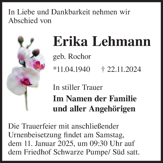 Traueranzeige von Erika Lehmann von WochenKurier