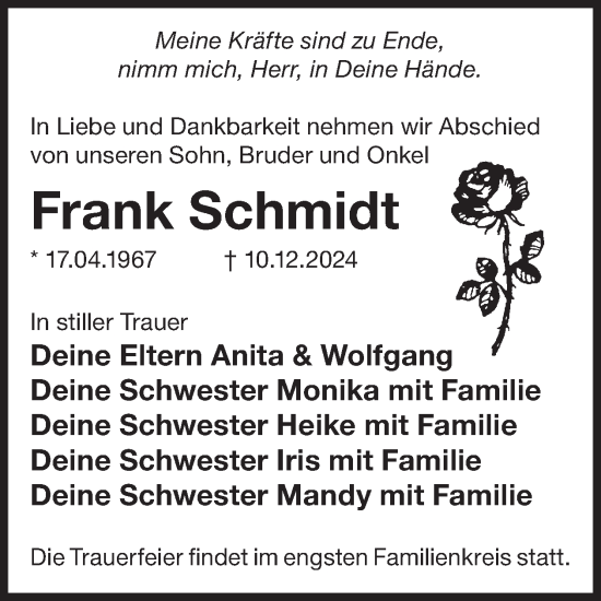 Traueranzeige von Frank Schmidt von WochenKurier