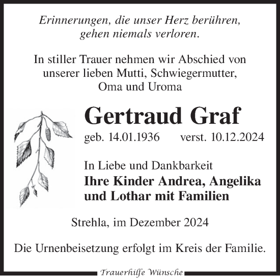 Traueranzeige von Gertraud Graf von WochenKurier