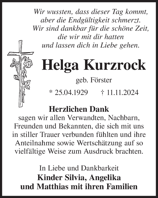 Traueranzeige von Helga Kurzrock von WochenKurier