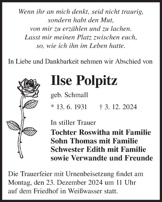 Traueranzeige von Ilse Polpitz von WochenKurier