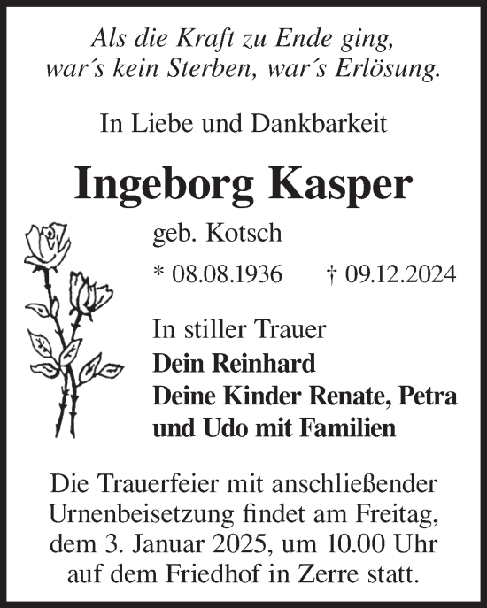 Traueranzeige von Ingeborg Kasper von WochenKurier