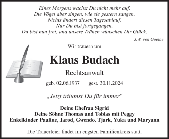 Traueranzeige von Klaus Budach von WochenKurier