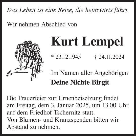 Traueranzeige von Kurt Lempel von WochenKurier