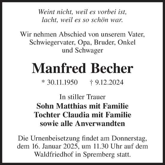 Traueranzeige von Manfred Becher von WochenKurier