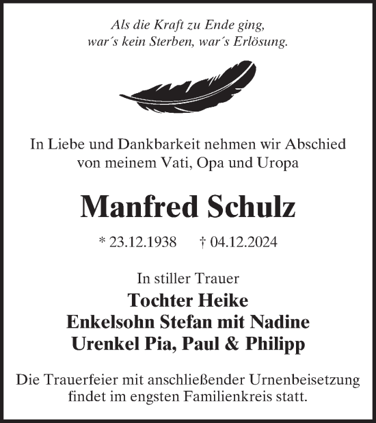 Traueranzeige von Manfred Schulz von WochenKurier