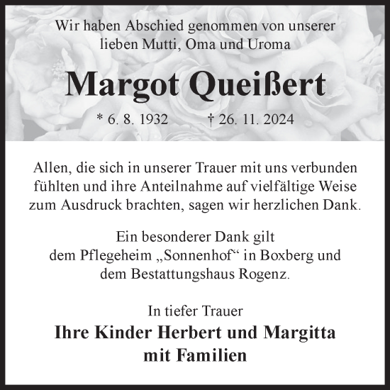 Traueranzeige von Margot Queißert von WochenKurier