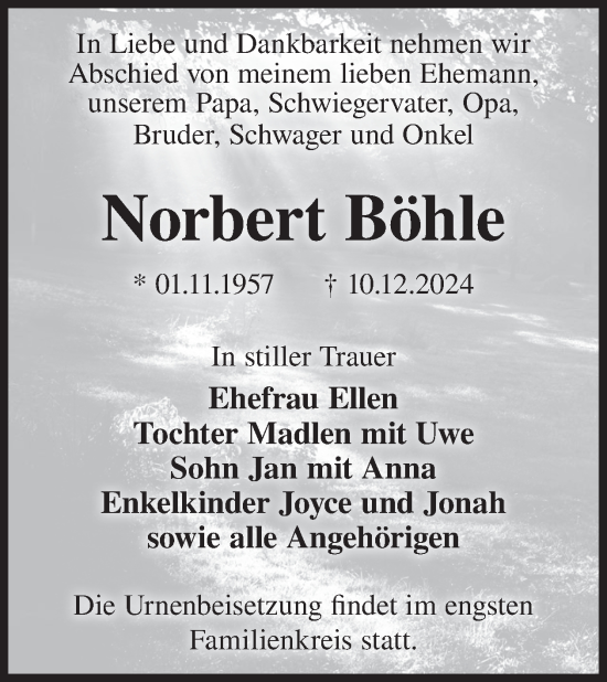 Traueranzeige von Norbert Böhle von WochenKurier