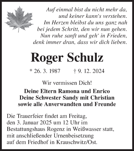 Traueranzeige von Roger Schulz von WochenKurier