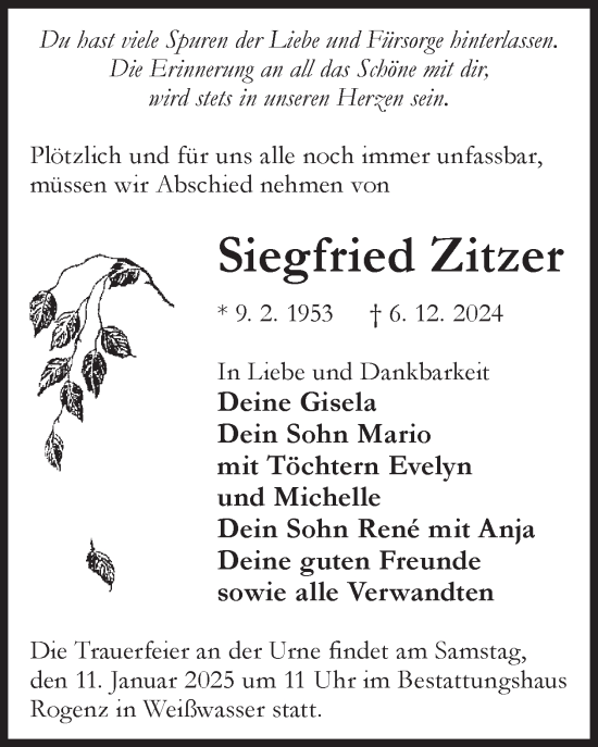 Traueranzeige von Siegfried Zitzer von WochenKurier