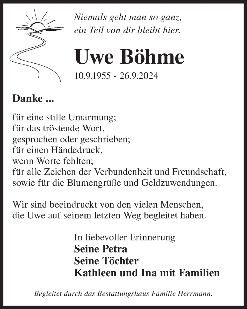  Traueranzeige für Uwe Böhme vom 02.11.2024 aus WochenKurier