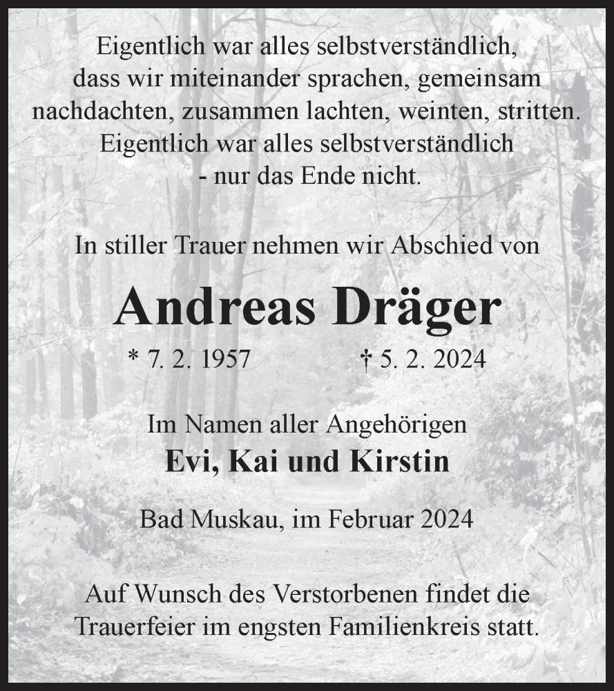  Traueranzeige für Andreas Dräger vom 10.02.2024 aus WochenKurier
