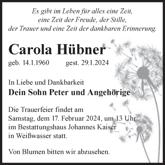 Traueranzeige von Carola Hübner von WochenKurier