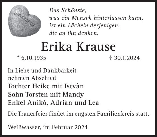 Traueranzeige von Erika Krause von WochenKurier