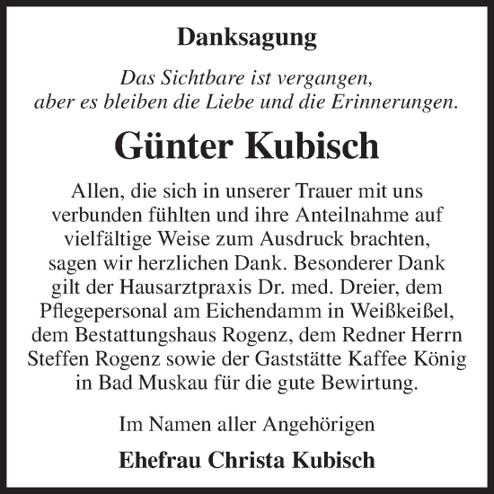 Traueranzeige von Günter Kubisch von WochenKurier