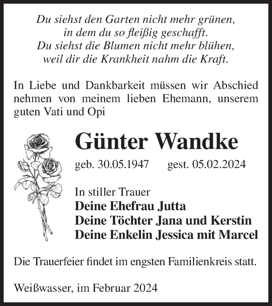  Traueranzeige für Günter Wandke vom 10.02.2024 aus WochenKurier