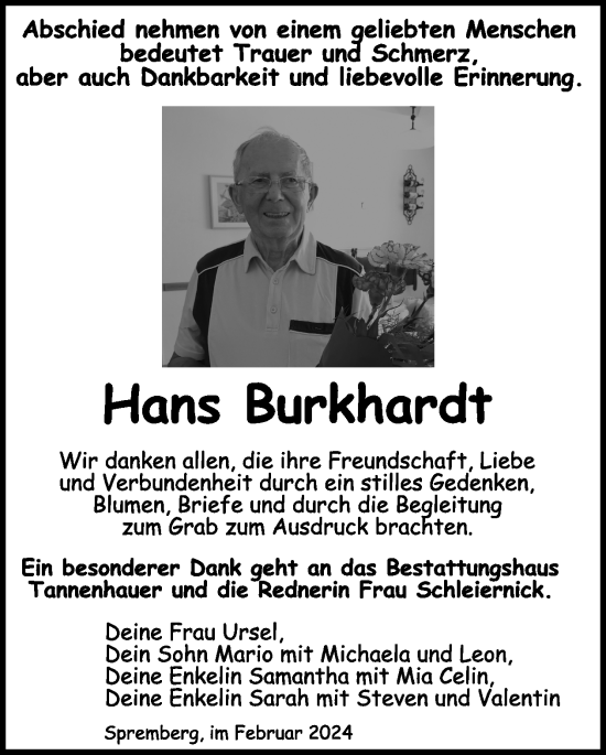 Traueranzeige von Hans Burkhardt von WochenKurier