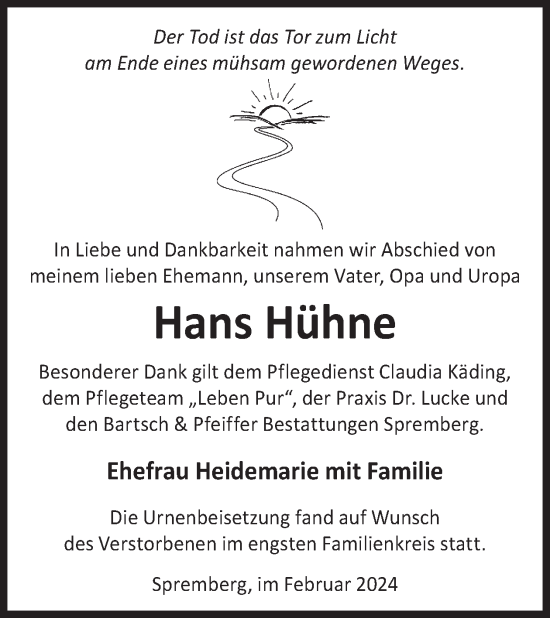 Traueranzeige von Hans Hühne von WochenKurier