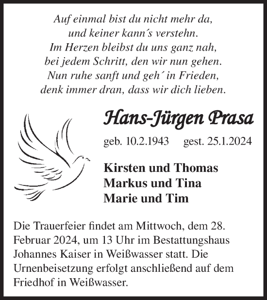 Traueranzeige von Hans-Jürgen Prasa von WochenKurier