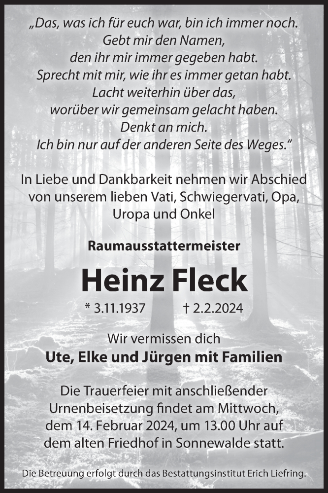  Traueranzeige für Heinz Fleck vom 07.02.2024 aus WochenKurier