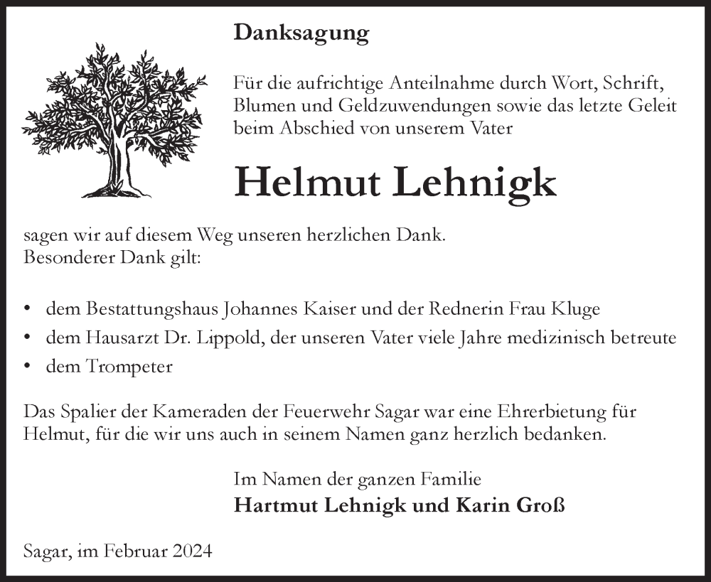  Traueranzeige für Helmut Lehnigk vom 24.02.2024 aus WochenKurier