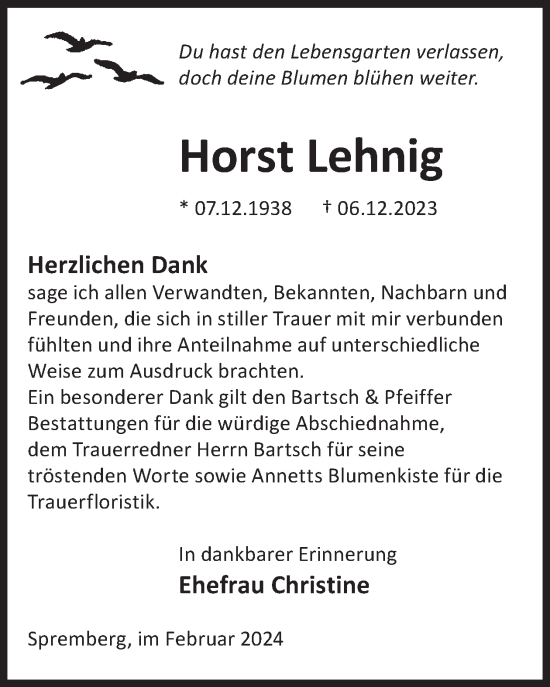 Traueranzeige von Horst Lehnig von WochenKurier