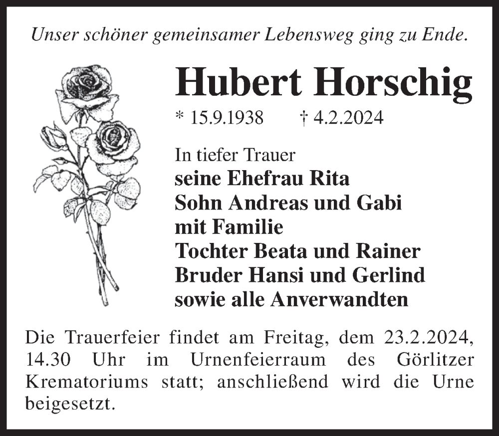  Traueranzeige für Hubert Horschig vom 10.02.2024 aus WochenKurier