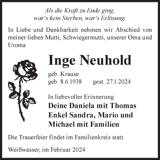 Traueranzeige von Inge Neuhold von WochenKurier