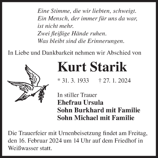 Traueranzeige von Kurt Starik von WochenKurier