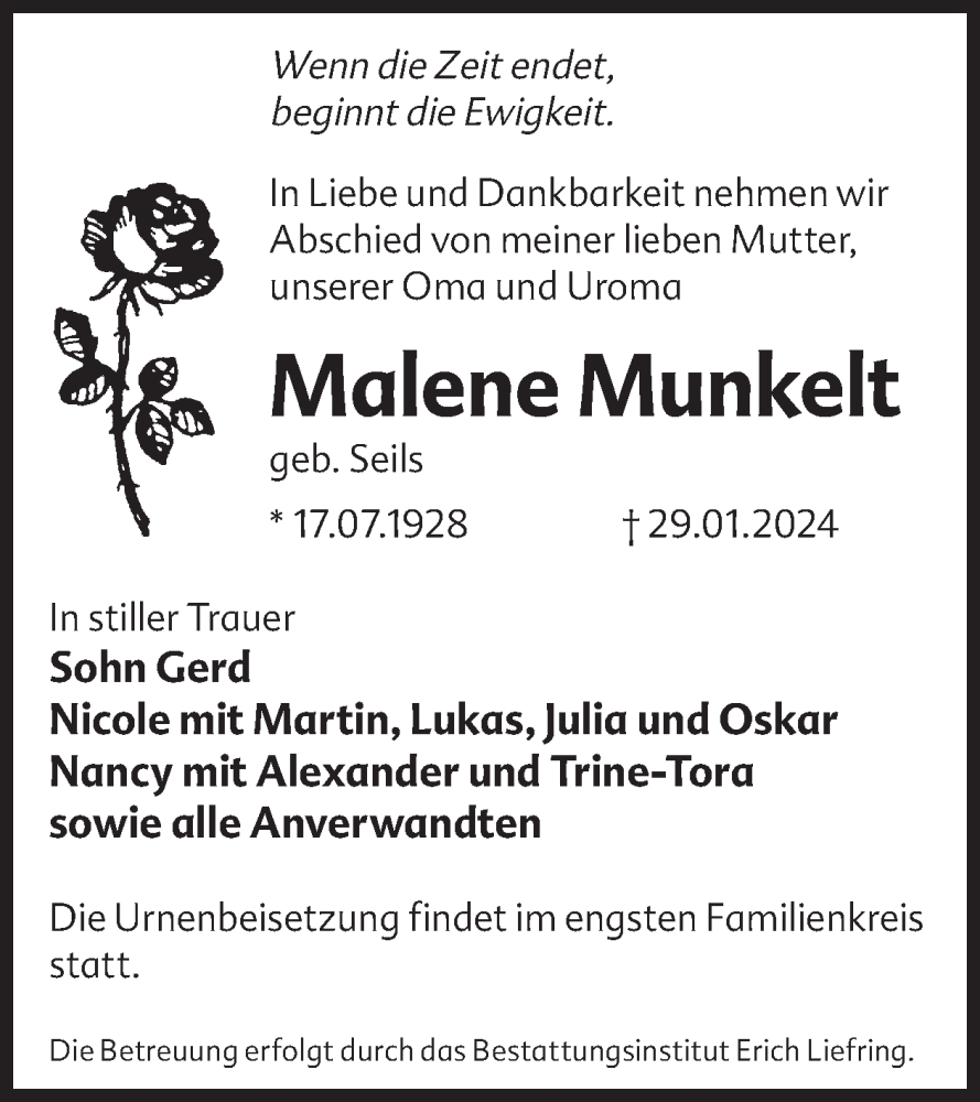  Traueranzeige für Malene Munkelt vom 07.02.2024 aus WochenKurier