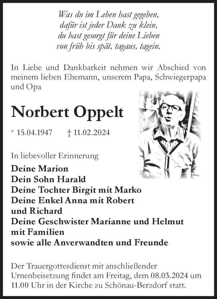 Traueranzeige für Norbert Oppelt vom 24.02.2024 aus WochenKurier