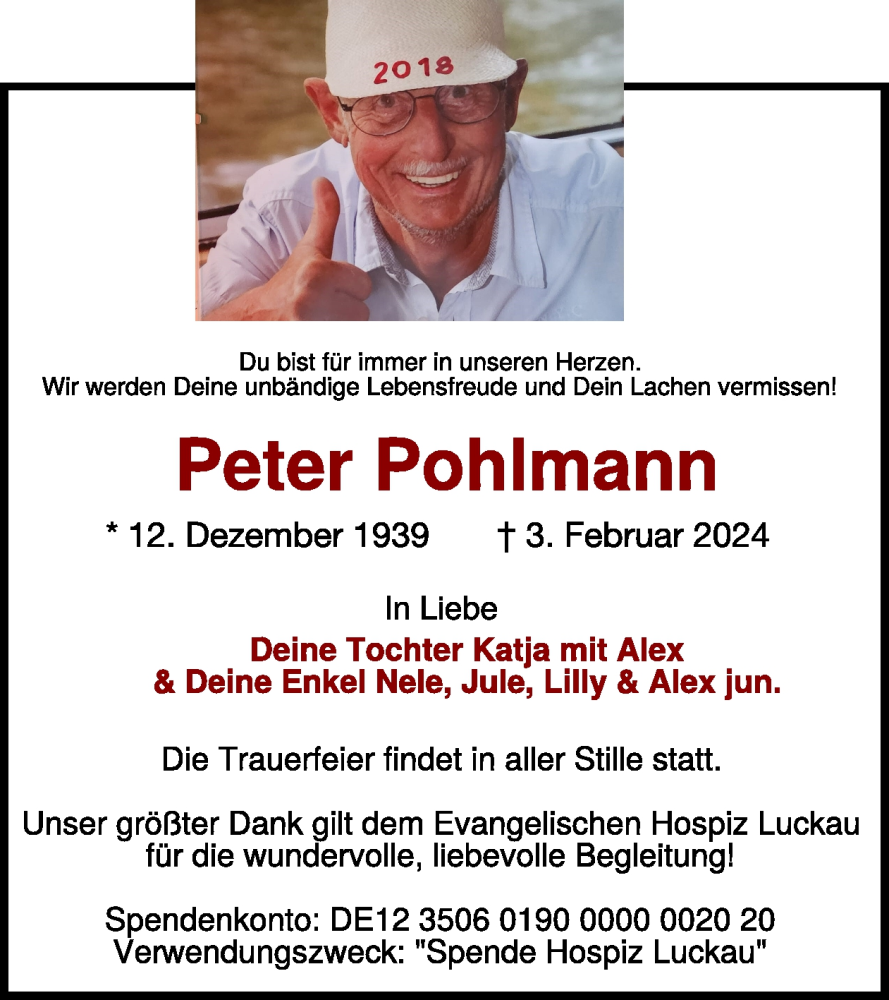  Traueranzeige für Peter Pohlmann vom 07.02.2024 aus WochenKurier