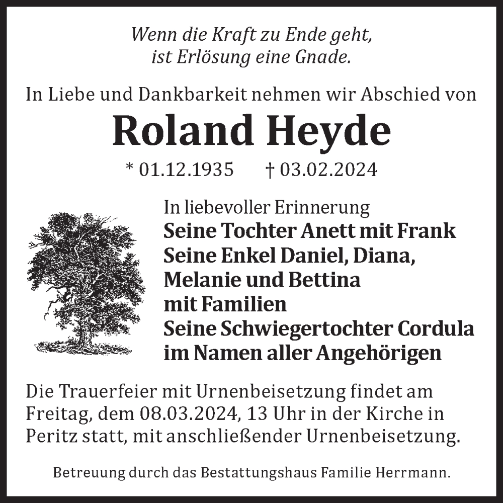  Traueranzeige für Roland Heyde vom 10.02.2024 aus WochenKurier