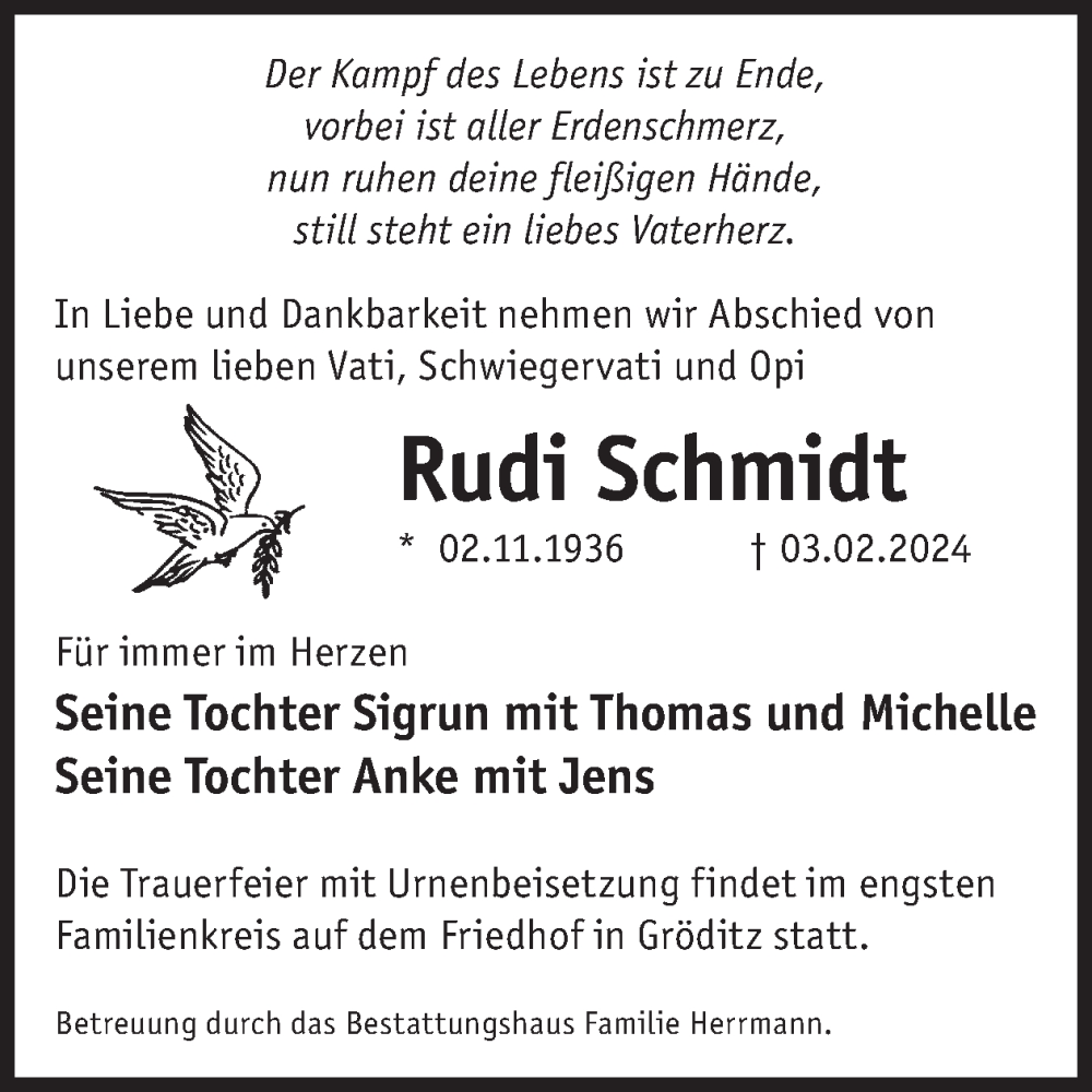  Traueranzeige für Rudi Schmidt vom 10.02.2024 aus WochenKurier
