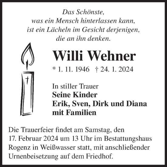 Traueranzeige von Willi Wehner von WochenKurier