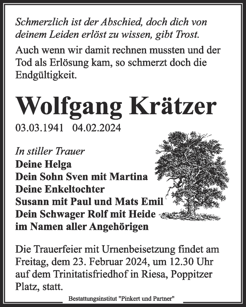  Traueranzeige für Wolfgang Krätzer vom 10.02.2024 aus WochenKurier