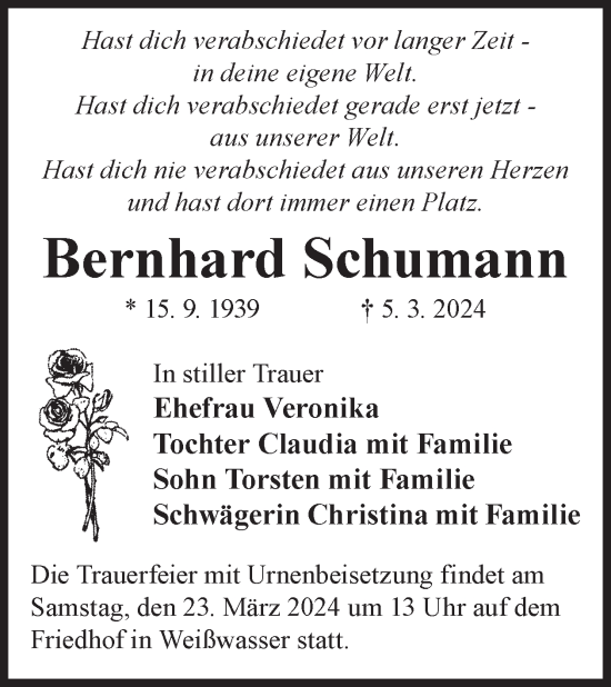 Traueranzeige von Bernhard Schumann von WochenKurier