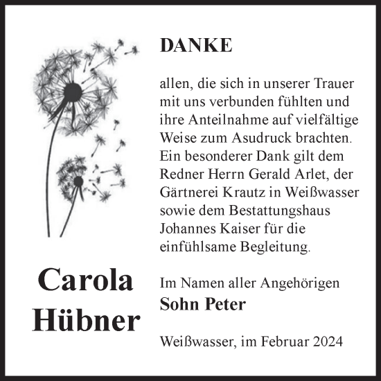 Traueranzeige von Carola Hübner von WochenKurier