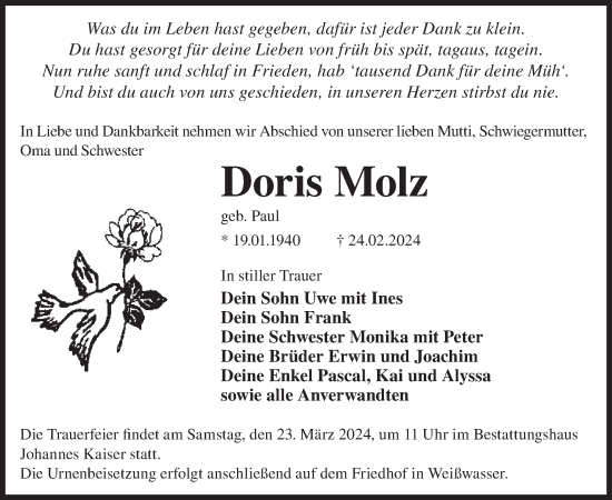 Traueranzeige von Doris Molz von WochenKurier