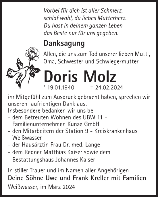 Traueranzeige von Doris Molz von WochenKurier