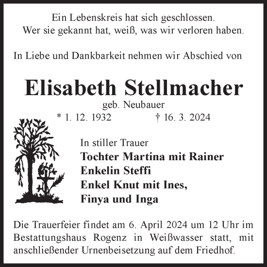 Traueranzeige von Elisabeth Stellmacher von WochenKurier