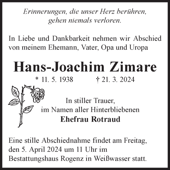 Traueranzeige von Hans-Joachim Zimare von WochenKurier