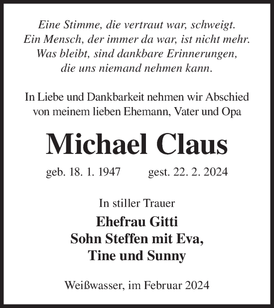 Traueranzeige von Michael Claus von WochenKurier