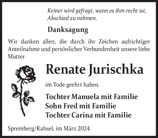 Traueranzeige von Renate Jurischka von WochenKurier