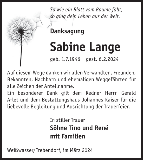 Traueranzeige von Sabine Lange von WochenKurier