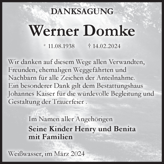 Traueranzeige von Werner Domke von WochenKurier