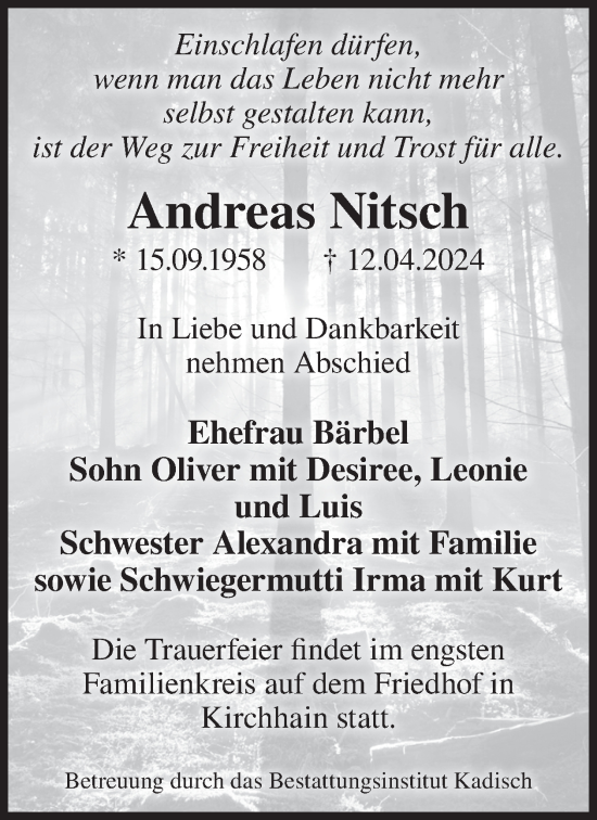 Traueranzeige von Andreas Nitsch von WochenKurier