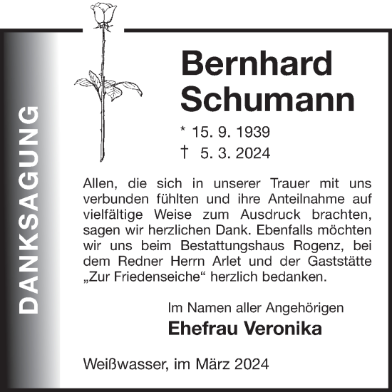 Traueranzeige von Bernhard Schumann von WochenKurier